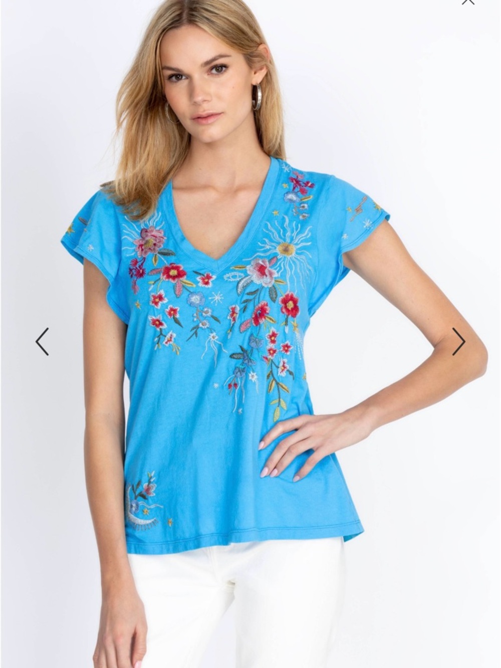 Johnny Was Lissa Flutter Sleeve Tee Blue Embroidered - Size XS - Picture 10 of 13